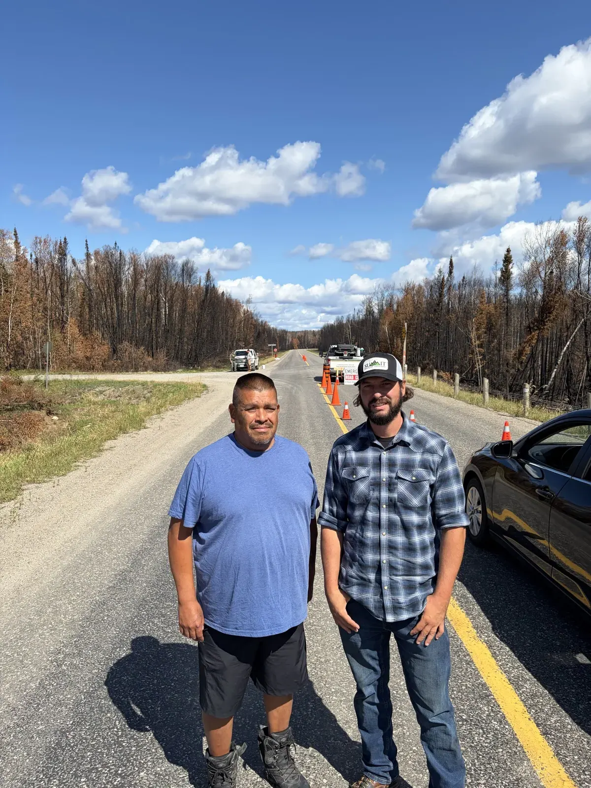 The team stopped on the road south of Armstrong during wildfire conditions